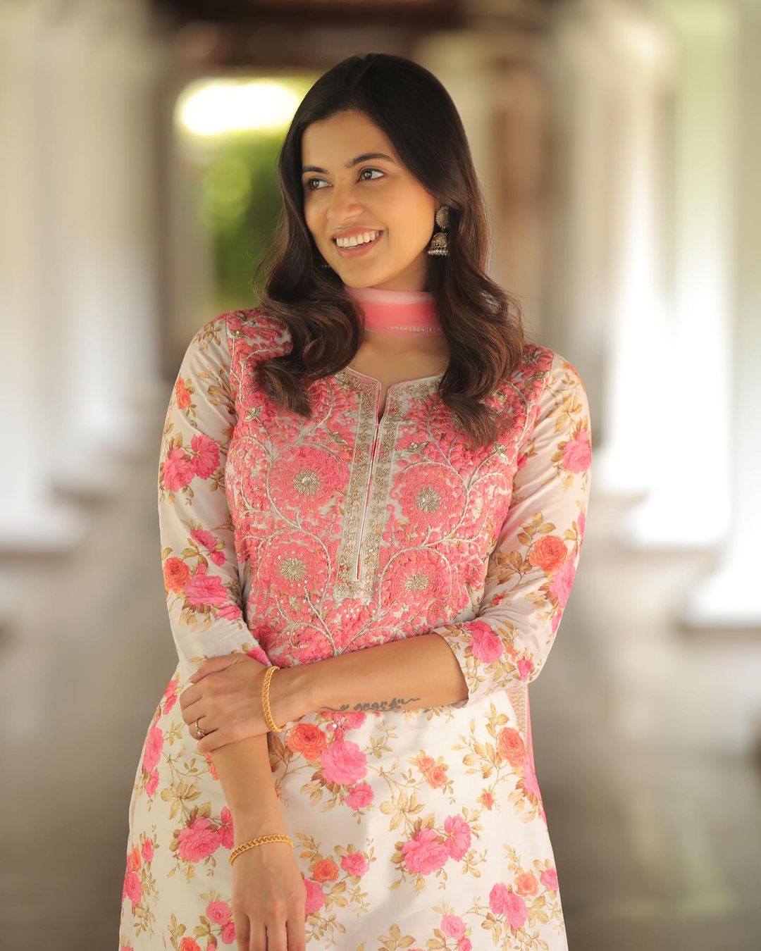 Malayalam Actress Anju Kurian Stills in Pink Color Dress